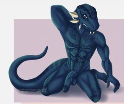 2018 4_toes abs anthro argonian balls barefoot biceps biped blue_balls blue_claws blue_penis blue_scales blue_tail brown_eyes claws front_view full-length_portrait glans hand_behind_back humanoid_penis kneeling long_tail looking_at_viewer male male_only muscular muscular_male nighteternal2469 nude pecs penis pinup portrait pose scales scalie simple_background solo spikes the_elder_scrolls thick_tail toe_claws toes tristen vein veiny_penis video_games watermark