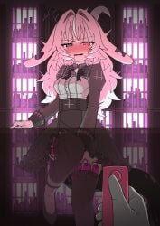 1girl 1other @_@ absurdres animal_ears bar_(place) bell black_bow black_bowtie black_eyes black_skirt black_thighhighs blush bow bowtie egg_vibrator femme_soule goat_ears goat_girl goat_horns hair_intakes half-closed_eyes heterochromia high-waist_skirt highres horns indoors long_hair looking_at_viewer neck_bell paid_reward_available parted_lips pukey_goddess_shot_trick red_eyes remote_control_vibrator saliva sex_toy sidelocks skirt solo_focus thighhighs vibrator vibrator_in_thighhighs wombatvxww2553