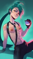 abs arm_support blank_background earrings elite_four green_hair jeans looking_at_viewer medium_breasts navel piercing plain_background pokeball pokemon pokemon_sv pokemon_trainer red_eyes rika_(pokemon) shirtless smile smiling topless topless_female