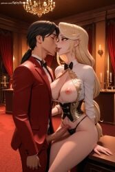1boy 1girls ai_generated black_hair black_panties blonde_hair blush breasts charlie_morningstar_(hazbin_hotel) corset curtains erection french_kiss hazbin_hotel hetero hi_res high_quality high_resolution jacket kiss large_breasts long_hair multiple_girls nipples open_clothes panties patreon patreon_username penis ponytail seductive sexy sitting spicytoonai uncensored underwear watermark web_address