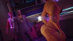 1boy 2girls 3d 3d_(artwork) 3dcg absurd_res absurd_resolution absurdres arm_tattoo ass ass_cleavage ass_focus beautiful_woman black_thong cinematic cinematic_lighting dancing_girl denim_shorts disinterested emotionless filter filtered fishnets game_cg grand_theft_auto grand_theft_auto_online green-haired_male gta_online_female_character gta_online_male_character harley_quinn_(cosplay) high_quality high_resolution highres infernus_(gta_v) jean_shorts joker_(cosplay) large_breasts leaning_hips mature_woman necklace rainbow_hair rockstar_editor rockstar_games rose_tattoo seductive_dance sideboob source_request text thong thong_bikini tornadoqt uninterested uninterested_female vanilla_unicorn