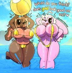 2girls beach beach_ball bikini bikini_top cinnamon_(oxyoxyoxyox) marshmallow_(oxyoxyoxyox) oxyoxyoxyox summer voluptuous_female