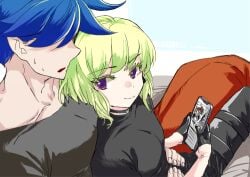 2boys choker collar femboy femboy_focus galo_thymos gay grabbing_waist lio_fotia male on_lap petite petite_body petite_male promare questionable size_difference slim slim_male slim_waist solo_focus suggestive sweat tight_clothing twink waist_grab wholesome yaoi 1femboy smiling bob_cut short_hair feminine_male androgynous