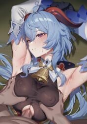 0haribo0 1boy 1girl absurdres ahoge armpits arms_up axillary_tail_of_spence bell black_bodystocking black_gloves black_horns blue_hair bodystocking breasts clothing_cutout commentary_request covered_nipples cowbell detached_sleeves ganyu_(genshin_impact) genshin_impact gloves goat_horns grabbing_another's_breast groping hetero highres horns large_breasts long_hair looking_at_viewer lying neck_bell on_back paid_reward_available paizuri pov pov_crotch purple_eyes sweat sweatdrop underboob_cutout white_sleeves