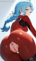 1girls ai_generated ass ass_focus blue_hair green_eyes looking_at_viewer pussy seed_(zenless_zone_zero) shineinsfw smile solo uncensored wet wet_pussy zenless_zone_zero