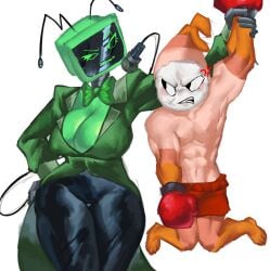 1boy 1girl angry angry_expression angry_male anthro anthro_on_anthro anthro_only big_breasts big_thighs body boxing_gloves breasts curvy curvy_female dandy's_world dandys_world female green green_skin holding_another's_wrist mad male microphone microphone_tail muscular_male roblox roblox_game robot robot_girl robot_humanoid short_male shrimpo_(dandy's_world) smile taller_female thighs tv tv_head vee_(dandy's_world) voluptuous_female white_background