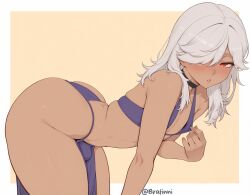 1boy 1femboy ai_assisted ai_generated ass bent_over big_ass big_butt blush bratinni bulge butt choker clothes_pull cyno_(genshin_impact) dark-skinned_male femboy genshin_impact looking_at_viewer nipples otoko_no_ko pelvic_curtain pulled_by_self revealing_clothes showing_nipple simple_background solo thick_thighs