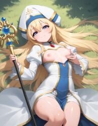 priestess_(goblin_slayer) blonde_female blue_eyes long_hair small_breasts breasts_out pink_nipples small_nipples sexy petite_female slim_female temptation tempting_viewer young_female outdoors beautiful_girl pretty_girl ai_generated