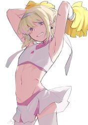 1boy 1femboy androgynous blonde_hair bob_cut cheerleader cheerleader_outfit cheerleader_uniform clothing crossdressing cute_expression femboy feminine_faced_male feminine_male fully_clothed lio_fotia looking_at_viewer male male_cheerleader male_only midriff miniskirt moegi0926 nervous petite petite_body petite_male pom_poms promare short_hair shy skinny skirt slim_male smile solo stockings thighhighs thin thin_waist tight_clothing twink white_thighhighs