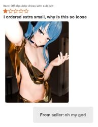 1girls 3d aacharsensei annoyed blue_hair choker english_text female gold_dress hololive hololive_japan hoshimachi_suisei light_skin loose_clothes nipples online_shopping partially_clothed selfie small_breasts text virtual_youtuber