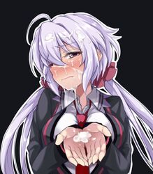 ahoge black_background breasts cum cum_in_hands cum_in_mouth cum_on_hair cumdrip facial female highres large_breasts long_hair looking_at_viewer low_twintails lydian_academy_uniform necktie purple_eyes purple_hair red_neckwear school_uniform senki_zesshou_symphogear solo twintails yukine_chris yunodon_(sugar_maple)