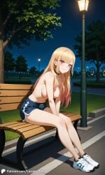 1girls ai_generated breasts casual casual_nudity city encoder exhibitionism female grass jogging_pants big_breasts naked naked_female nipples nude nude_female outdoors park public public_nudity running_shoes shorts sportswear topless trees night street_lamp sitting bench smile smiling looking_at_viewer sono_bisque_doll_wa_koi_wo_suru kitagawa_marin leaning_forward