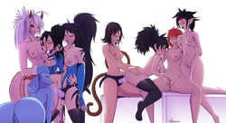 8girls animal_tail artist_request black_hair blue_skin breast_sucking breasts cunnilingus double_penetration dragon_ball dragon_ball_super dragon_ball_xenoverse dragon_tail fan_character female female_majin female_only female_saiyan fingering group_sex interspecies kari light-skinned_female light_skin majin masturbation multiple_girls nude_female oc orgy original_character original_characters red_hair saiyan saiyan_tail strap-on tail tentacle_hair torn_bodysuit white_hair yuri