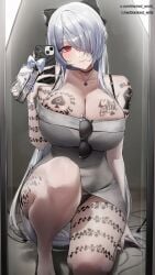 silver_hair white_hair long_hair red_eyes glasses black_bow maid_outfit maid_headdress ruffled_maid_headdress grey_dress off_shoulder huge_breasts large_breasts nipples puffy_nipples erect_nipples exposed_breasts black_stockings ripped_stockings heart_pattern_stockings tattoo body_writing queen_of_spades spade_tattoo refugees_welcome black_owned slut_tattoo huge_ass ass_focus thick_thighs wide_hips curvy voluptuous mirror_selfie smartphone holding_phone indoors fitting_room dramatic_lighting explicit highres anime_style digital_art breeding breeding_cow breeding_request cum_drunk ahegao_breeding blacked_queen bbc_addict submissive_female mind_break broken_female tattooed_female qos_queen blacked_tattoos ai_generated blacked_wrld