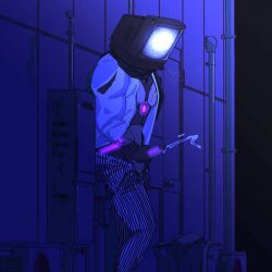 2d 2d_(artwork) 2d_artwork alley cock dick exhibitionism flightriskbiter glowing glowing_genitalia glowing_markings glowing_penis hand_on_penis handjob high_resolution highres illustration jerking jerkingoff leaning_against_wall leaning_back leaning_forward male_only oc open_clothes open_shirt outdoors outside pants pants_down penis robot robot_boy robot_humanoid robot_penis skibidi_toilet solo solo_male stealth_masturbation tv_head tv_man tvman tvman_(skibidi_toilet)
