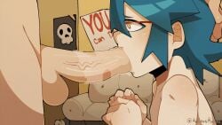 2d 2d_animation all_the_way_to_the_base ambiguous_gender animated blowjob blue_hair female flat_chest flat_chested gif hand_on_head kallous looping_animation male naked oral precum precum_drip red_glasses tagme tagme_(character) yellow_eyes