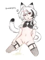 137rt 3:4 belly bodily_fluids clothing domestic_cat ears_up ejaculation felid feline felis female genital_fluids genitals hi_res human humanoid kneeling kneeling_on_ground mammal peeing red_eyes simple_background simple_coloring smile solo tail text topwear urine vaginal_fluids vaginal_squirting vulva watersports white_background