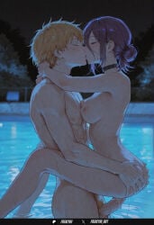 denji_(chainsaw_man) reze_(chainsaw_man) chainsaw_man 1girl breasts blush short_hair blonde_hair black_hair 1boy hair_between_eyes medium_breasts nipples closed_eyes ass hetero nude outdoors penis choker sex water hair_bun vaginal from_side wet pubic_hair completely_nude uncensored night black_choker single_hair_bun couple kiss night_sky male_pubic_hair ass_grab pool wet_hair french_kiss arms_around_neck hand_on_another's_ass suspended_congress frenzyai ai_generated