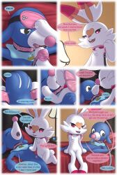 becoming_flaccid bed blindfold bondage comic cum gag_ball genital_slit kissing nintendo pokemon pokemon_(species) popplio scorbunny tapering_penis