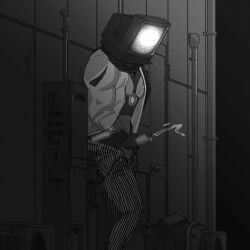 2d 2d_(artwork) 2d_artwork alley black_and_white cock dick exhibitionism flightriskbiter glowing glowing_genitalia glowing_markings glowing_penis hand_on_penis handjob high_resolution highres illustration jerking jerkingoff leaning_against_wall leaning_back leaning_forward male_only oc open_clothes open_shirt outdoors outside pants pants_down penis robot robot_boy robot_humanoid robot_penis skibidi_toilet solo solo_male stealth_masturbation tv_head tv_man tvman tvman_(skibidi_toilet)