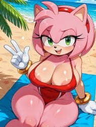 ai_assisted ai_generated amy_rose areola_slip beach beach_background beach_towel big_ass big_breasts female female_focus female_only furry_female furry_only looking_at_viewer posing_for_the_viewer shortstack solo solo_focus sonic_(series) sonic_the_hedgehog_(series)