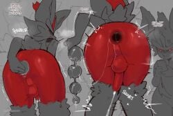 anal_beads angry anthro anus biped blush butt cinderace dialogue erection fingers generation_8_pokemon genitals hi_res male nintendo penis pokemon pokemon_(species) rear_view red_eyes sex_toy simple_background sincastermon solo standing tail text