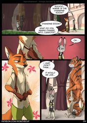 2018 anthro balls barely_visible_balls barely_visible_genitalia black_panther canine caprine clothed clothing comic dialogue dipstick_ears dipstick_tail disney english_text eyewear feline female fox glasses gloves_(marking) goat group horn judy_hopps lagomorph male mammal markings multicolored_tail necktie nick_wilde nude page_4 panther rabbit robcivecat speech_bubble text tiger undressing url zootopia