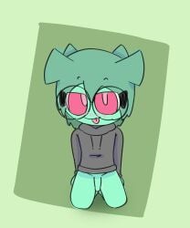 2026 anthro biscute blush bottomless clothed clothing digital_media_(artwork) drawstring drawstring_topwear eyebrows eyewear femboy flirting_look funisexman gastropod genitals glasses green_body green_hair green_skin hair hi_res hoodie kneeling looking_at_viewer male mollusk penis pink_eyes pinup pose raised_eyebrows shiny_thighs simple_background small_penis snail solo tongue tongue_out topwear topwear_only