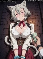 ai_generated animated animation big_breasts breasts_squeezed_together cat_ears cat_girl cat_tail catgirl cleavage grey_hair holding_money jacket jiggling_breasts kikia1 large_breasts linia_dedoldia looking_at_viewer money mushoku_tensei no_sound outdoors pov shirt short_hair short_playtime shorter_than_10_seconds shorter_than_30_seconds skirt standing tagme video