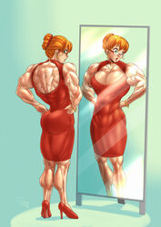 abs ass back big_muscles breasts calves cleavage dress extreme_muscles female glasses green_eyes high_heels large_breasts legs mirror muscles muscular muscular_female orange_hair pegius solo