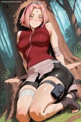 savvyraexo ai_generated patreon seductive sexy uncensored watermark hi_res high_quality high_resolution sakura_haruno naruto_(series) haruno_sakura 1girl tree bandages forehead_protector bandaged_leg pink_hair bike_shorts sitting open_toe_shoes blush konohagakure_symbol breasts green_eyes short_hair smile solo sleeveless grass forehead_mark toeless_boots yokozuwari against_tree sandals outdoors facial_mark ninja medium_breasts looking_at_viewer bandaged_arm shorts black_shorts