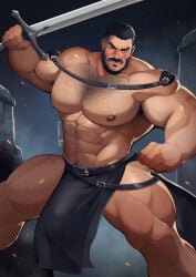 male male_only bara muscles muscular zombie_perc penis balls solo solo_male castlevania castlevania_(netflix) castlevania_nocturne mizrak facial_hair beard sword flaccid bulge body_hair