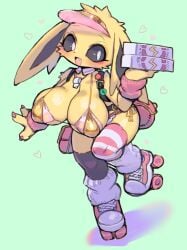 1girls bikini breasts cute dedelivery_employee delivery_girl eeveelution esokir female furry generation_1_pokemon huge_breasts jolteon looking_at_viewer nintendo pizza_box pokemon pokemon_(species) rikose roller_skates sexy socks stockings