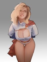 1girls alternate_hairstyle big_breasts blonde_hair blue_gloves boob_window boobs boobs_focus boogie_draws breasts cape cleavage cleavage_cutout dc dc_comics female female_kryptonian female_only gloves grey_background hips hips_focus huge_breasts kara_zor-l karen_starr kryptonian large_breasts leotard medium_hair nose_piercing piercing pin_up power_girl power_girl_cosplay_pose_(missfaves) red_cape smile solo solo_female superman_(series) thick_thighs thighs white_leotard