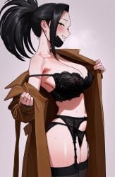 1girl 1girls ai_generated bare_shoulders big_breasts black_bra black_eyes black_hair black_legwear black_panties blush bra breasts brown_coat cleavage coat collarbone garter_belt grin hair_pulled_back high_ponytail hoshino_akarii huge_breasts jacket lace lace-trimmed_bra large_breasts long_hair long_sleeves looking_at_viewer momo_yaoyorozu my_hero_academia navel open_clothes panties ponytail smile solo sweat thighhighs underwear undressing yaoyorozu_momo