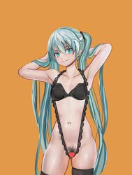 armad arms_behind_head arms_up bangs black_bra black_legwear blue_eyes blue_hair blush bra breasts censored closed_mouth collarbone cowboy_shot female female hair_between_eyes hair_ornament happy hatsune_miku heart heart_censor highres light_blush lingerie long_hair matching_hair/eyes medium_breasts navel orange_background pubic_hair pussy shiny shiny_skin simple_background skindentation smile solo standing thighhighs tied_hair twintails underwear underwear_only very_long_hair vocaloid