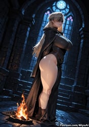fire_keeper dark_souls_(series) miyuai ai_generated ai_assisted thick_thighs thick_ass thick thick_legs thick_hips thick_butt wide_hips wide_thighs voluptuous voluptuous_female curvy curvy_figure curvaceous curvy_female female breasts 1girl long_hair blonde_hair thighs rating:safe fire solo cape ass hair_ornament black_dress lips cross looking_at_viewer