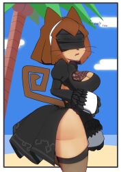 1girl animal_ears big_ass big_breasts black_blindfold black_dress black_gloves blindfold breasts cat_ears cleavage_cutout cosplay covered_eyes crossover dress feather-trimmed_sleeves furry gameoverse glitch_productions gloves hairband juliet_sleeves kit_(gameoverse) kit_bodega leotard long_sleeves medium_breasts mole_under_mouth nier:_automata puffy_sleeves short_hair side_slit solo thick_thighs thighhighs thighhighs_under_boots thighs vambraces white_leotard yorha_2b_(cosplay)