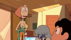 1boy 2girls accurate_art_style blue_eyes blue_nipples breasts casual edit pearl_(steven_universe) pink_hair sapphire_(steven_universe) screenshot screenshot_edit steven_quartz_universe steven_universe topless troskc what's_your_problem_(steven_universe)