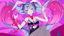 1girls blue_hair bowtie bunny_ears bunny_girl bunnysuit fishnet_legwear hatsune_miku legwear looking_at_viewer pale-skinned_female pale_skin pin pink_hair rabbit_ears rabbit_girl rabbit_hole_(vocaloid) ribbon ribbons shackles smile smiling_at_viewer tie tongue_out