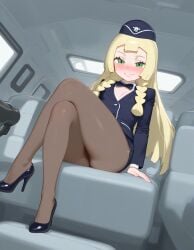 ai_generated beautiful_girl blonde_female green_eyes heavenly_body high_heels indoors lillie_(pokemon) petite_female pokemon pretty_girl sexy slim_female slutty_body slutty_female stewardess_uniform temptation tempting_viewer