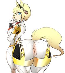 aegis_(persona) aigis_(persona) android blonde_hair blue_eyes centaur colored female finger_to_mouth from_behind monster_girl persona persona_(series) persona_3 pussy scas shin_megami_tensei short_hair solo tail taur transformation