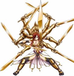 armored_boots asura breasts brown_eyes cleavage erza_scarlet fairy_tail fighting_stance gauntlets greaves large_breasts legs_apart long_hair mashima_hiro multiple_arms multiple_swords official_art red_hair sash sword thighhighs upscaled