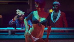 1boy 2girls 3d 3d_(artwork) 3dcg absurd_res absurd_resolution absurdres arm_up bare_shoulders beautiful_woman bikini_bottom black_high_heel_boots black_stockings black_tube_top black_tubetop braless brown-haired_female christmas_outfit cinematic cinematic_lighting cleavage collar collarbone disinterested emotionless emotionless_female expressionless filter filtered game_cg grand_theft_auto grand_theft_auto_online gta_online_female_character gta_online_male_character hand_on_hip hand_tattoo high_quality high_resolution highres huge_breasts leaning_hips leaning_on_side leaning_to_the_side mature_woman neck_tattoo neon neon_lights new_year new_year_2025 no_bra peach_(gta_v) purple-haired_female red_lipstick rockstar_editor rockstar_games short-haired_female source_request stockings strip_club stripper strutting text thigh_tattoo thong tornadoqt tube_top tubetop unbothered uncaring uncaring_female uninterested uninterested_female vanilla_unicorn walking_in white_bikini_bottom white_thong white_thong_bikini