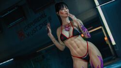 tornadoqt cyberpunk_2077 cyberpunk_(series) text graffiti_on_wall graffiti tomboy tomboyish 1girls tattoos multiple_tattos alternate_outfit alternate_costume blue_eyes black-haired_female long-haired_female black_fingernails navel belly leaning_to_the_side standing leaning_hips huge_breasts cleavage thong_bikini black_bikini edited_screencap chest_tattoo blush blurred_background game_mod filtered game_cg high_quality filter absurd_resolution absurdres absurd_res source_request 3d 3dcg 3d_(artwork) high_resolution highres unbothered beautiful_woman mature_woman