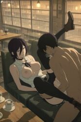 1boy 1girl ai_generated black_choker black_hair black_ribbon black_skirt black_thighhighs breasts breasts_out brown_footwear chainsaw_man choker clothed_female_nude_male clothed_sex coffee coffee_mug collared_shirt cum cum_in_pussy cup digitalwaifugallery green_eyes hair_between_eyes hetero hi_res high_quality high_resolution indoors lying medium_breasts missionary mug neck_ribbon nipples no_bra nude on_back open_clothes open_shirt patreon rain reze_(chainsaw_man) ribbon seductive sex sexy shirt shoes short_hair skirt sleeveless sleeveless_shirt spread_legs table thighhighs uncensored vaginal watermark white_shirt window