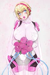 1girls aegis_(persona) aigis_(persona) bimbo bimbofication blonde_hair bouquet breasts bridal_veil bride empty_eyes eyeshadow female female_only gloves gynoid huge_breasts large_lips lipstick makeup persona persona_3 robot robot_bride short_hair solo solo_female transformation veil wedding_dress wedding_veil