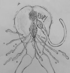 ass ass_focus pussy hairy_pussy pubic_hair hairy_anus trembling buttplug buttplug_tail sweat spread_anus squirting monochrome traditional_media_(artwork) friedrika_hartmann original_character