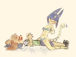 2girls animal_crossing ankha blush blushing clothed clothing cute female female/female female_only furry imminent_sex isabelle_(animal_crossing) peak_yuri shirt sitting sitting_on_person trashyy wholesome yuri