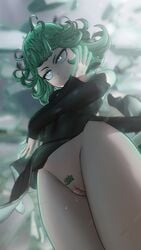 1girls annoyed bare_legs black_dress bottomless curly_pubic_hair dress female female_only greatm8 green_eyes green_hair green_pubic_hair hairy_pussy no_panties one-punch_man pelvic_curtain petite pubic_hair pussy pussy_juice small_breasts solo tatsumaki thigh_gap vagina